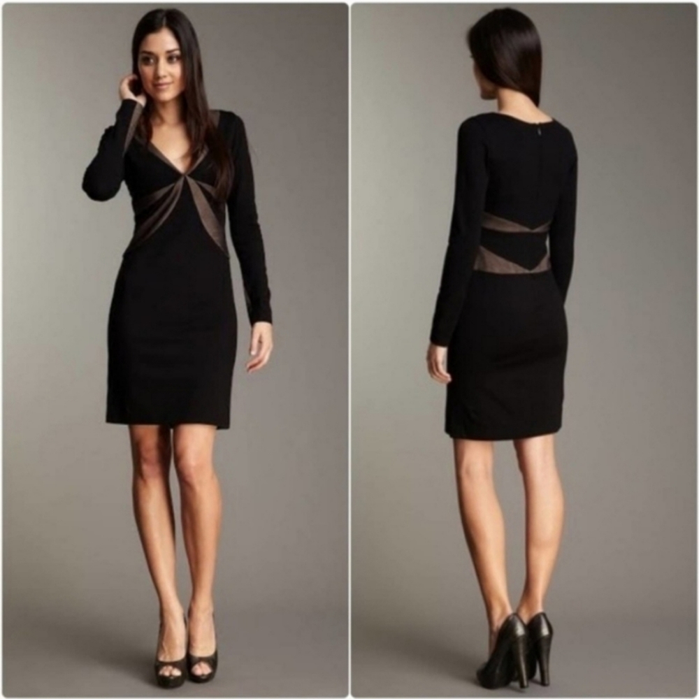 BCBGMAXAZRIA Black Long Sleeve Mesh Inset Dress Size Small 2, 4